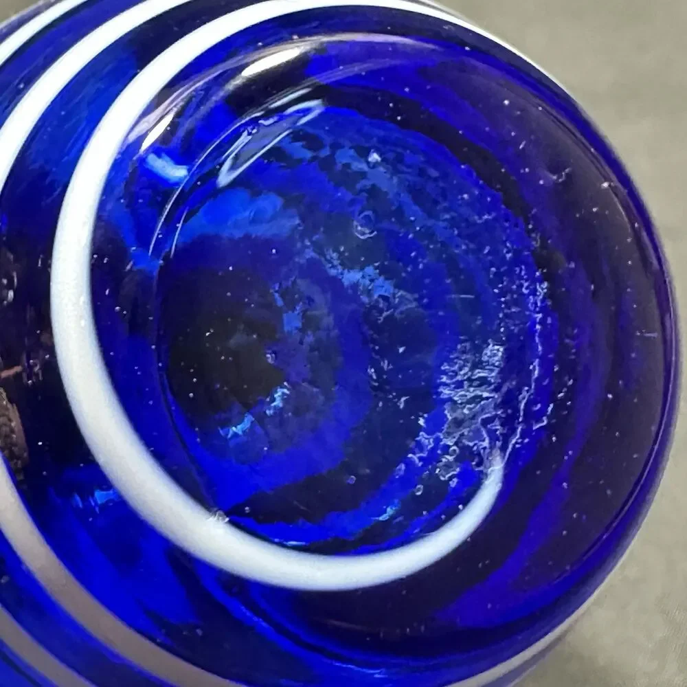 Bud Vase Cobalt Blue Art Glass White Swirl Gold Splat Mini 5oz 3.5x2.5xno Issues